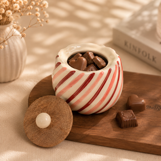 Candy Stripe Ceramic Snack Jar with Wooden Lid