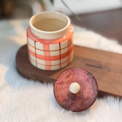 Pink Plaid Ceramic Storage Jar with Wooden Lid