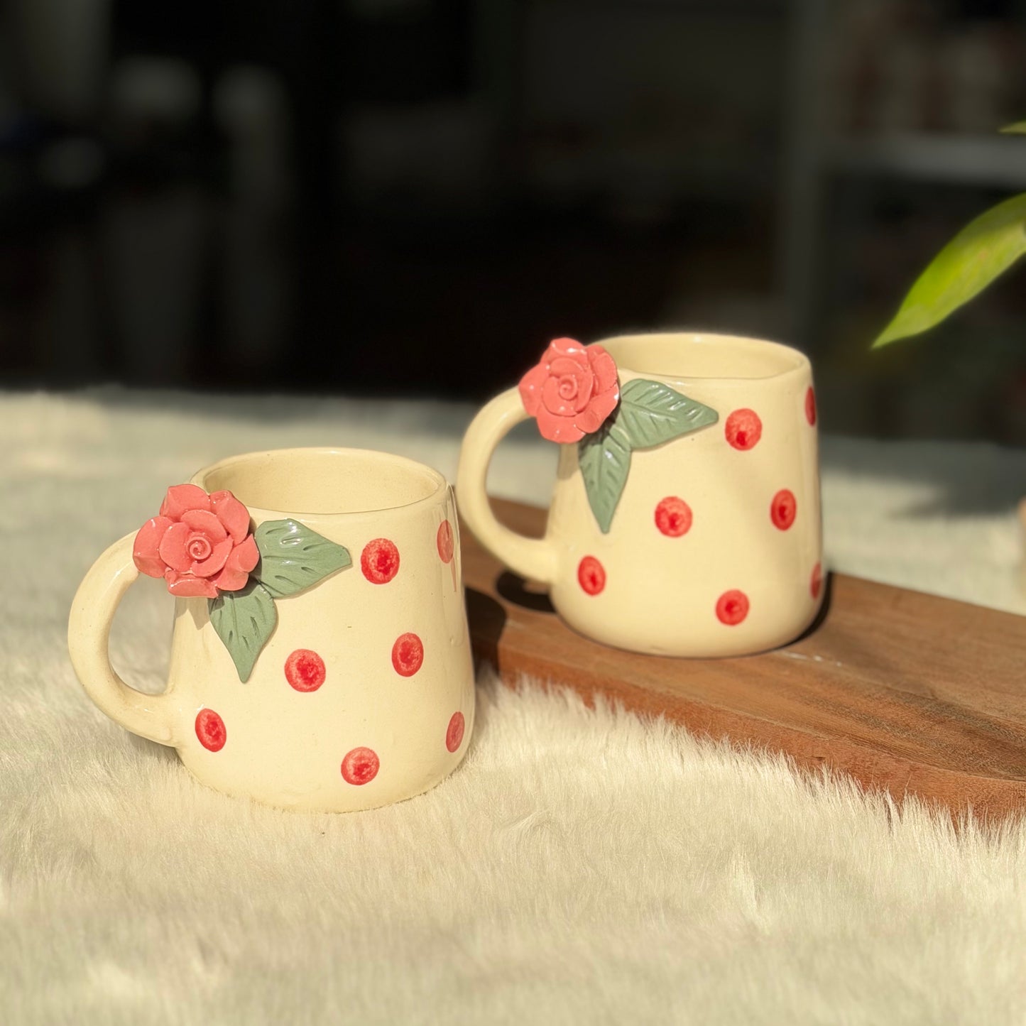 Rosé Bloom Ceramic Mug – Floral Polka Dot Collection