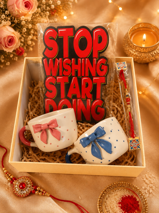 Bow Mug Rakhi Gift Hamper with Motivational Wall Decor | Pink & Blue Ceramic Tea Cup Set for Brother & Sister