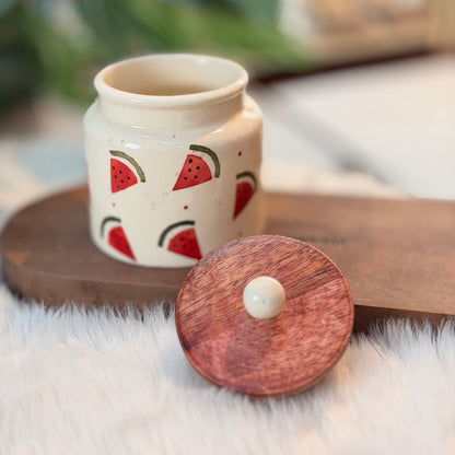 Watermelon Ceramic Storage Jar with Wooden Lid