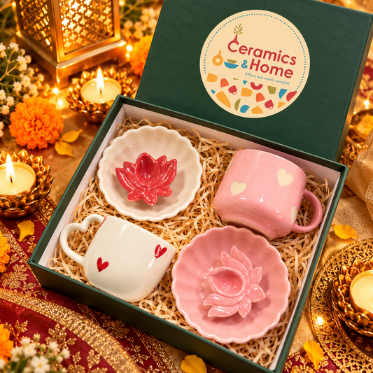 Pink Hearts Ceramic Mug & Lotus Diya Gift Set