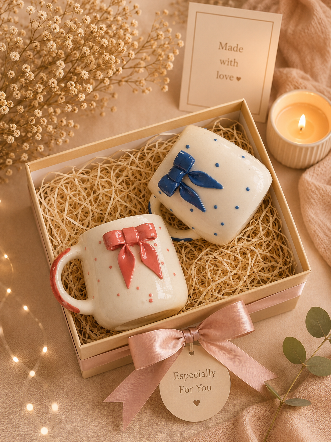 Bow Bliss Couple Mug Hamper Set – Handmade Ceramic Gift Box (Set of 2)