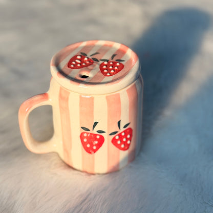 Strawberry Bliss Ceramic Mug with Lid & Steel Straw