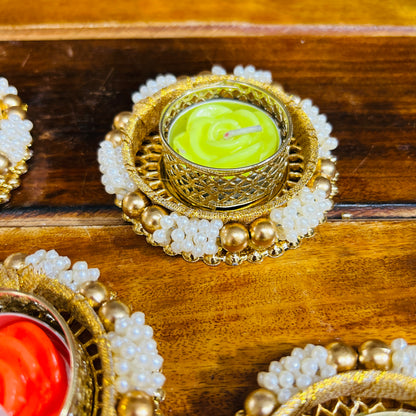 Pearl Tea Light Holder with Candle (Set of 6)