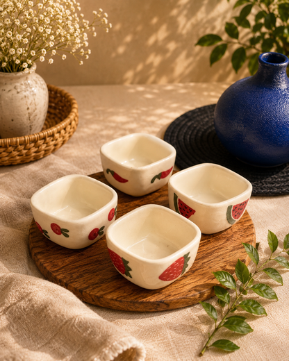 Set of 4 Hand-Painted Mini Ceramic Dip Bowls | Fruit Collection Snack & Chutney Bowls