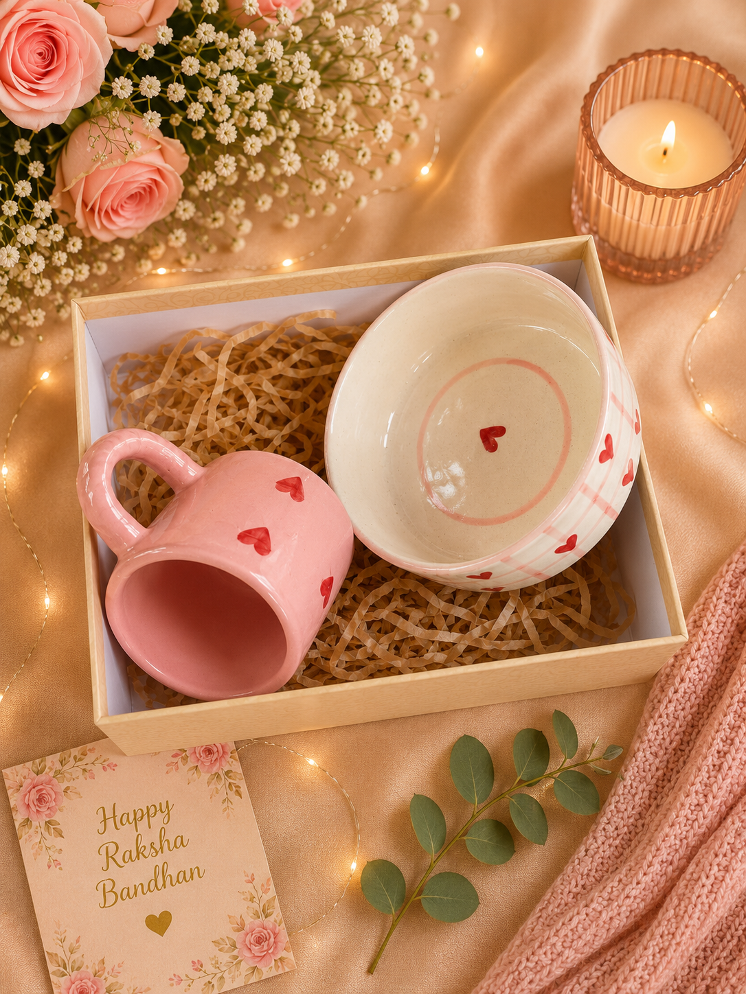Pink Heart Ceramic Mug & Bowl Gift Set | Romantic Coffee & Snack Gift Hamper