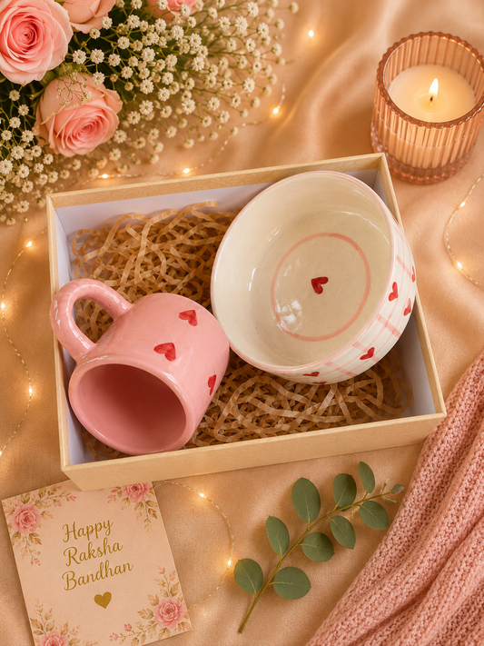 Pink Heart Ceramic Mug & Bowl Gift Set | Romantic Coffee & Snack Gift Hamper