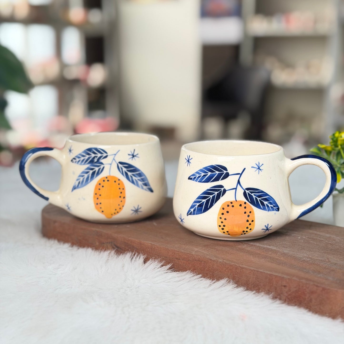 Handcrafted Citrus Bloom Ceramic Mug – Blue Botanical Edition