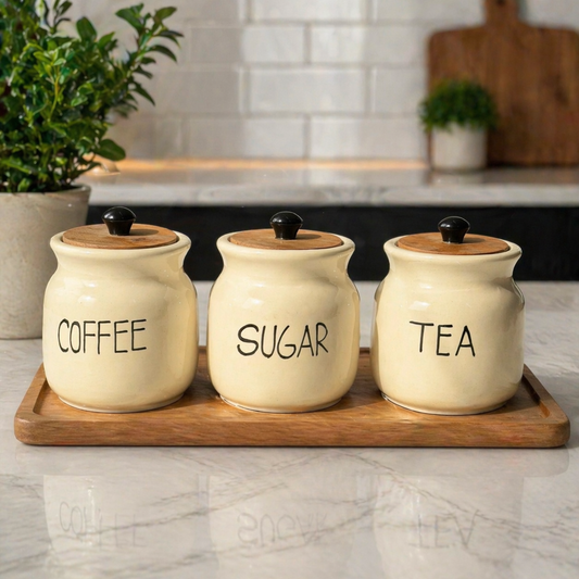 Rustic Ceramic Kitchen Canister Set (Coffee, Sugar & Tea)