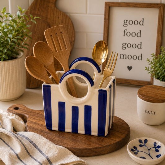 Blue Stripe Ceramic Bag Vase | Modern Tabletop Planter & Home Decor Holder