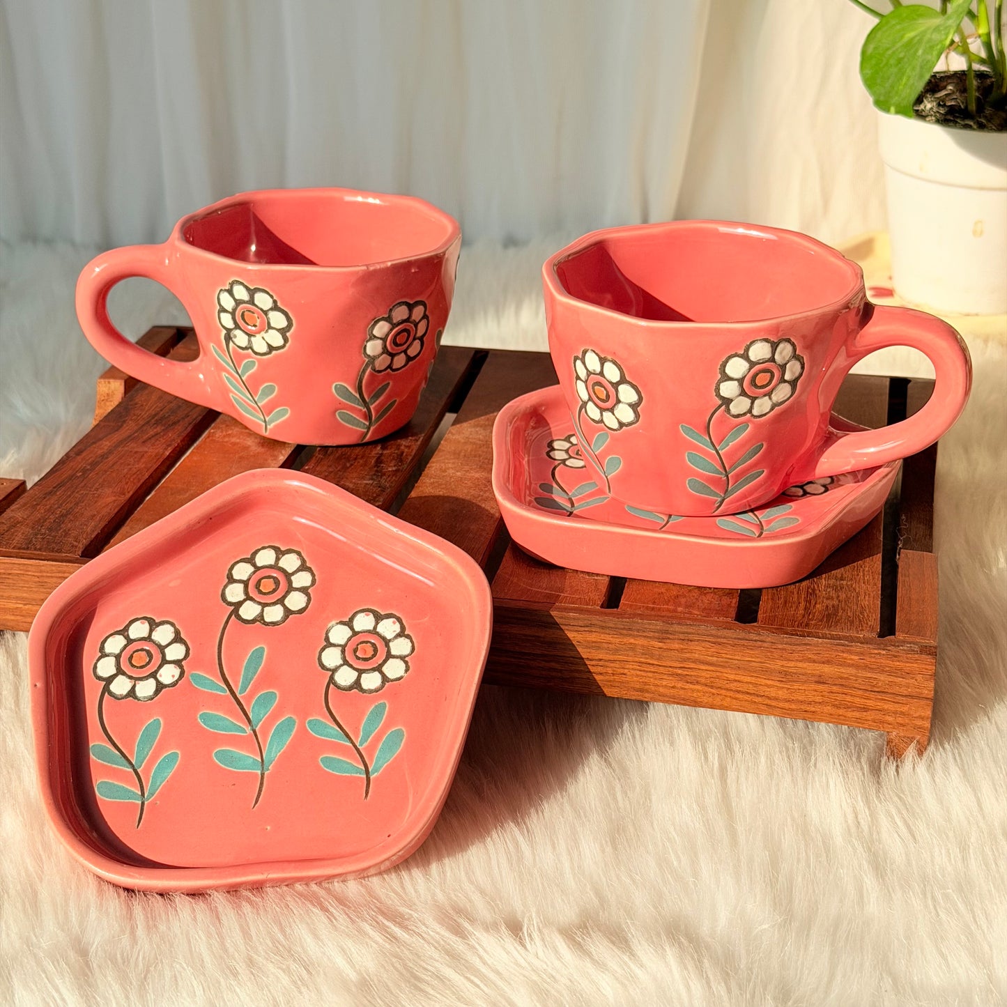 Coral Bloom Ceramic Cup & Saucer Set