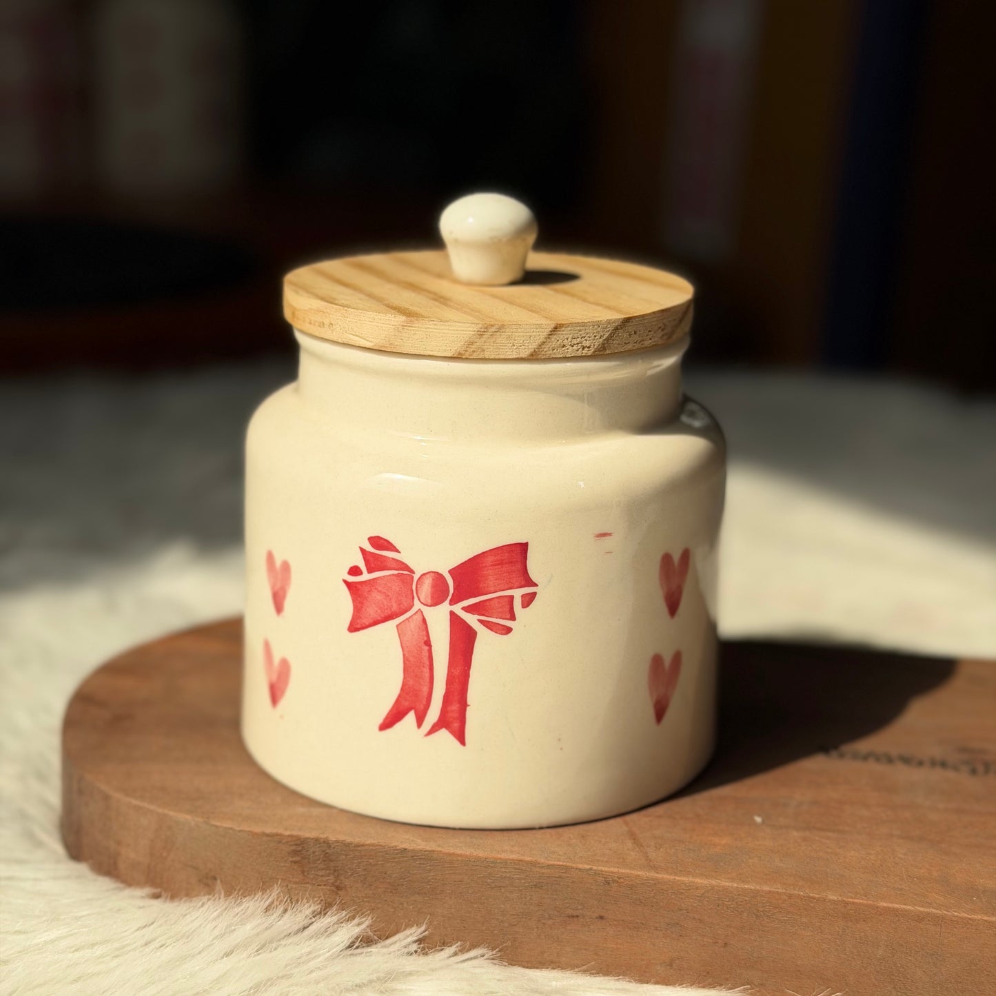 Bow & Heart Storage Jar with Wooden Lid