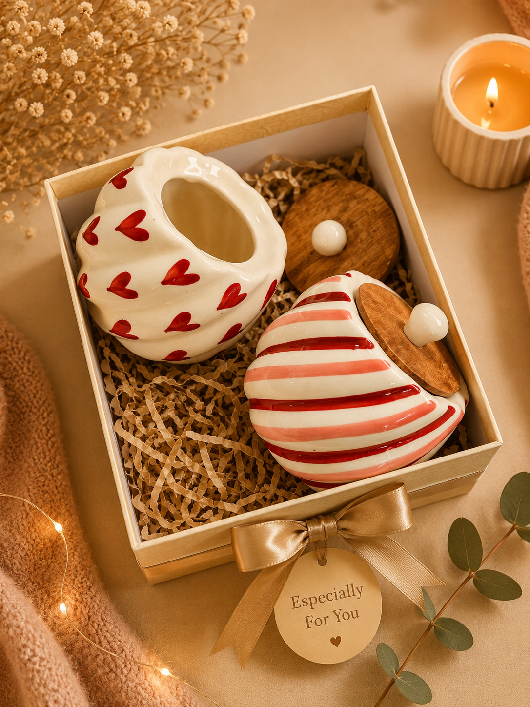 Sweet Hearts Ceramic Storage Jar Gift Hamper (Set of 2) | Airtight Kitchen Canister Set with Wooden Lid
