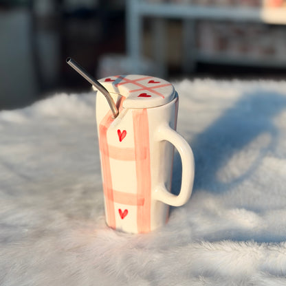 Heart Checkered Ceramic Smoothie Mug with Lid & Straw Holder