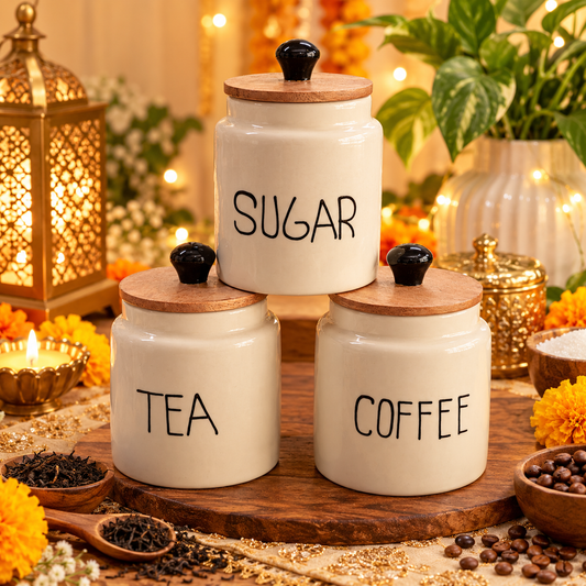 Minimal Ceramic Tea Coffee Sugar Storage Jars with Wooden Lids – Set of 3