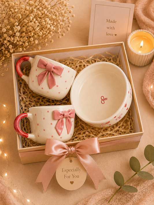 Pink Bow Ceramic Mug & Bowl Gift Hamper Set | Premium Gift Box (Set of 3)