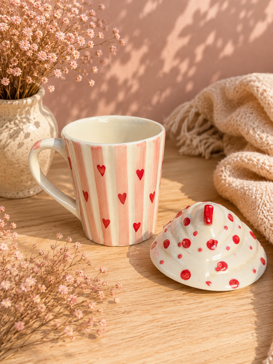 Pink Striped Heart Ceramic Mug