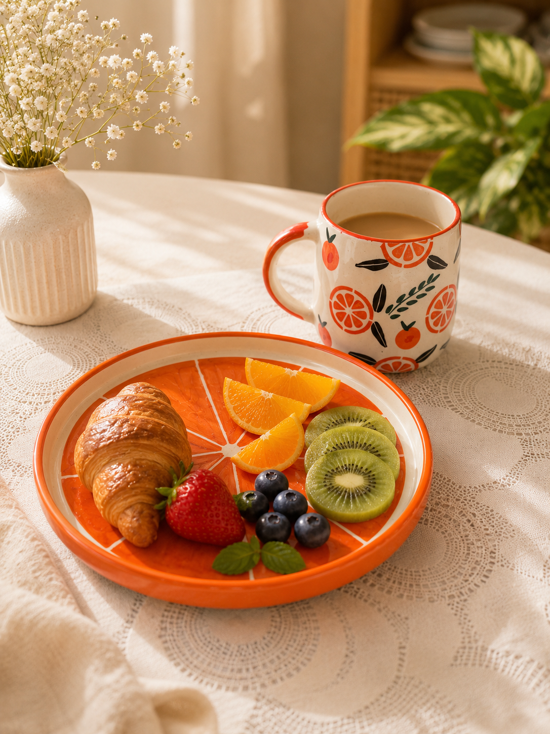 Citrus Bloom Ceramic Snack Plate & Coffee Mug Combo | Orange Collection