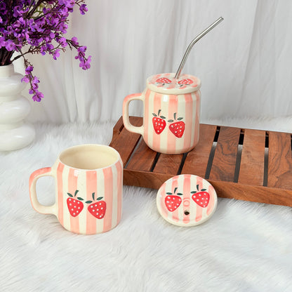 Strawberry Bliss Handcrafted Ceramic Sipper Mug with Lid & Straw