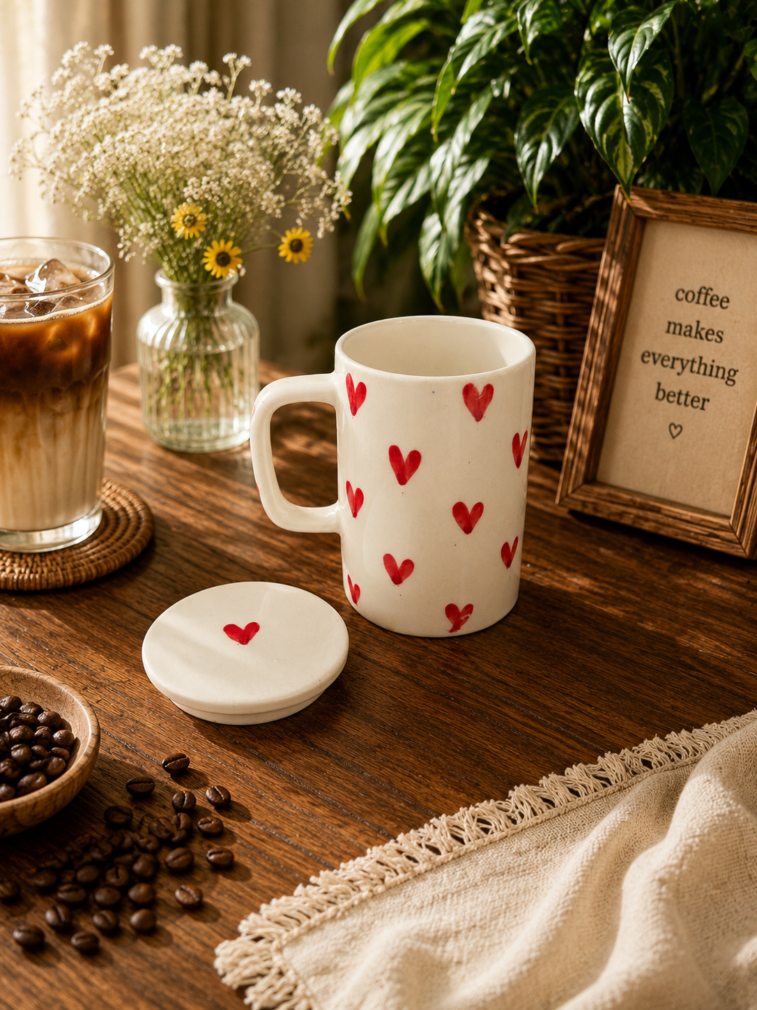 Handcrafted Red Heart Ceramic Mug with Lid – White | 400 ML