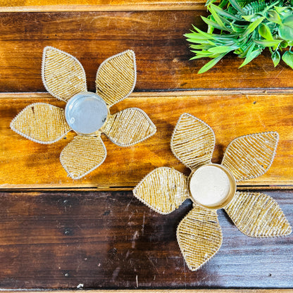 Golden Flower T Light Candle Holder ( Pack of 2)