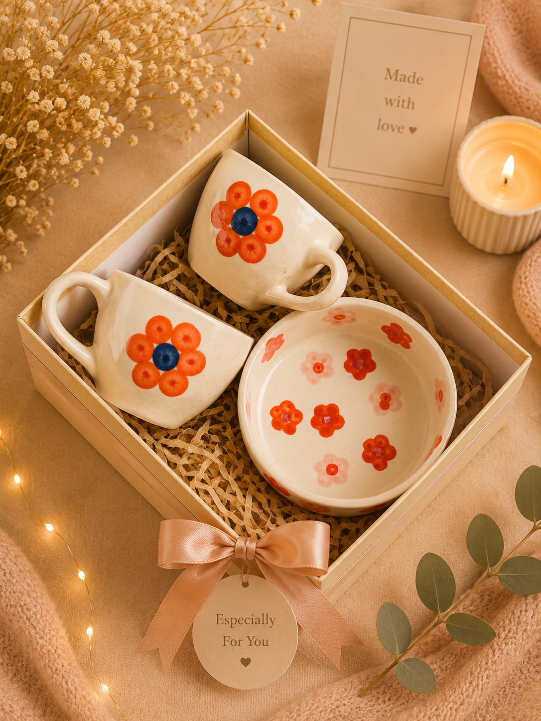Floral Ceramic Gift Hamper Set – 2 Coffee Mugs & 1 Serving Bowl | Premium Gift Box