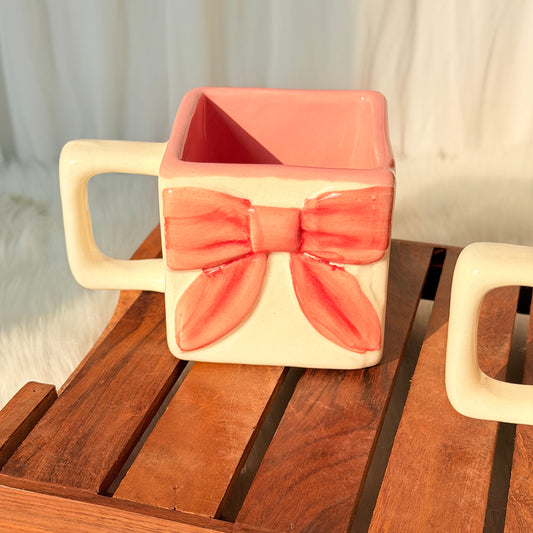 Blush Red Bow Square Ceramic Mug