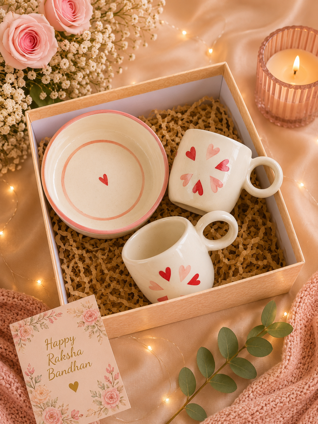 Sweet Hearts Handmade Ceramic Gift Hamper Set – 2 Heart Coffee Mugs & Heart Bowl | Premium Raksha Bandhan Gift Box