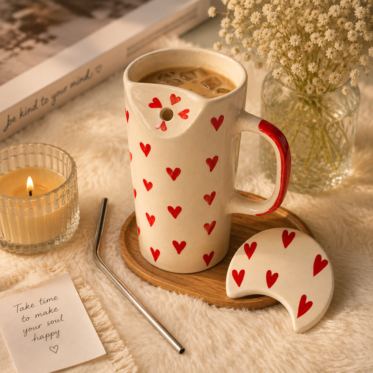 Red Heart Ceramic Sipper Mug with Straw