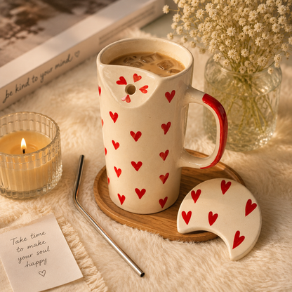 Red Heart Ceramic Sipper Mug with Straw