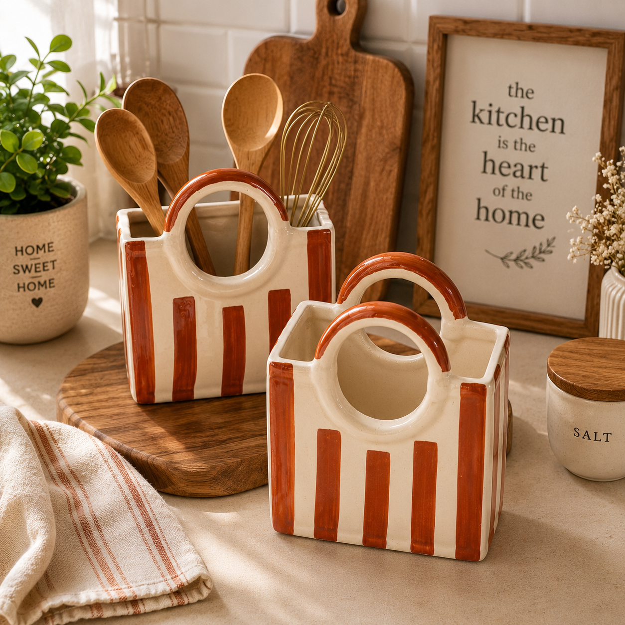 Ceramic Bag Organizer Vase | Multipurpose Kitchen Utensil Holder & Home Décor | Terracotta Stripe