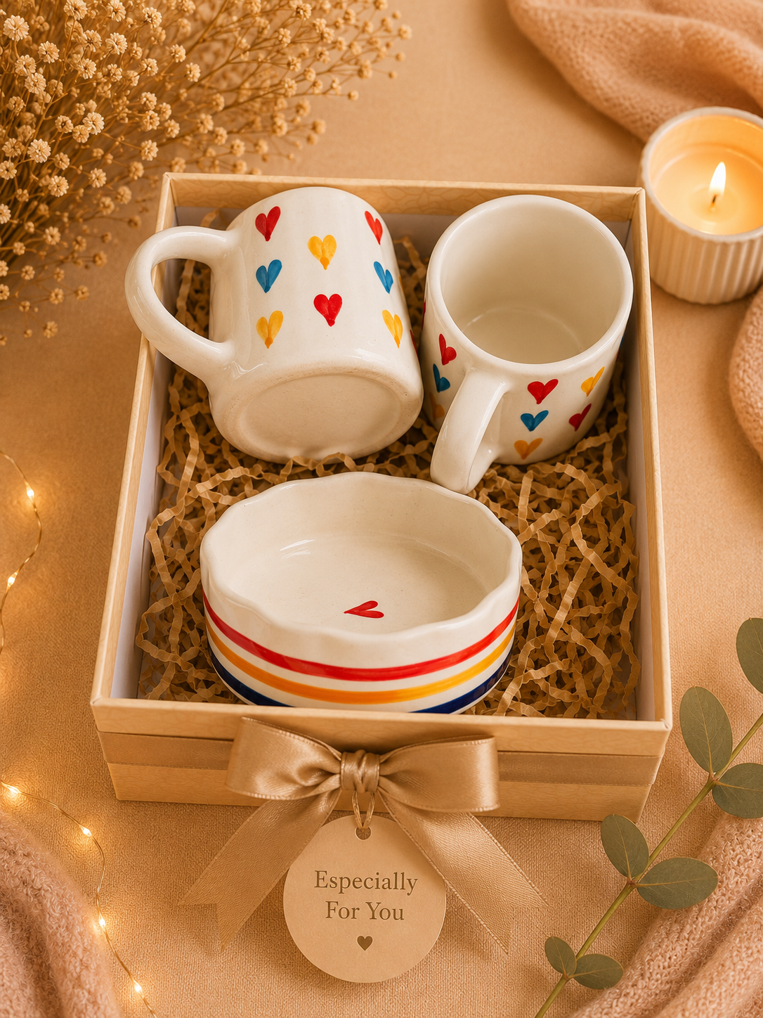 Heart Ceramic Gift Hamper Set – 2 Coffee Mugs & 1 Serving Bowl | Premium Gift Box