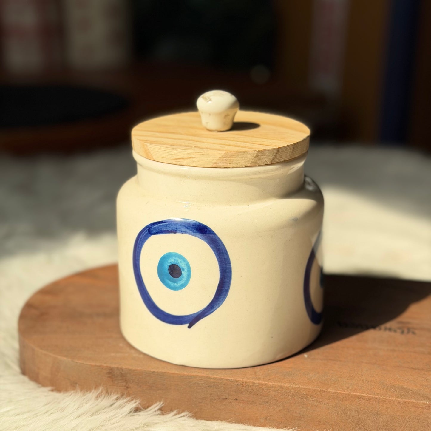 Evil Eye Handpainted Ceramic Storage Jar with Wooden Lid