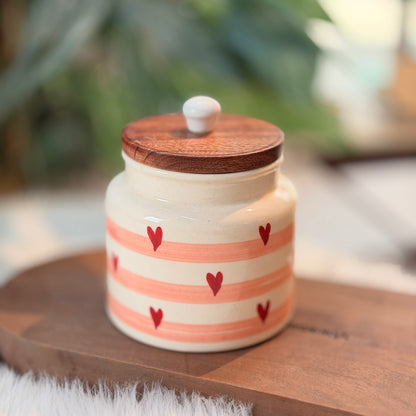 Heart Stripe Ceramic Storage Jar with Wooden Lid