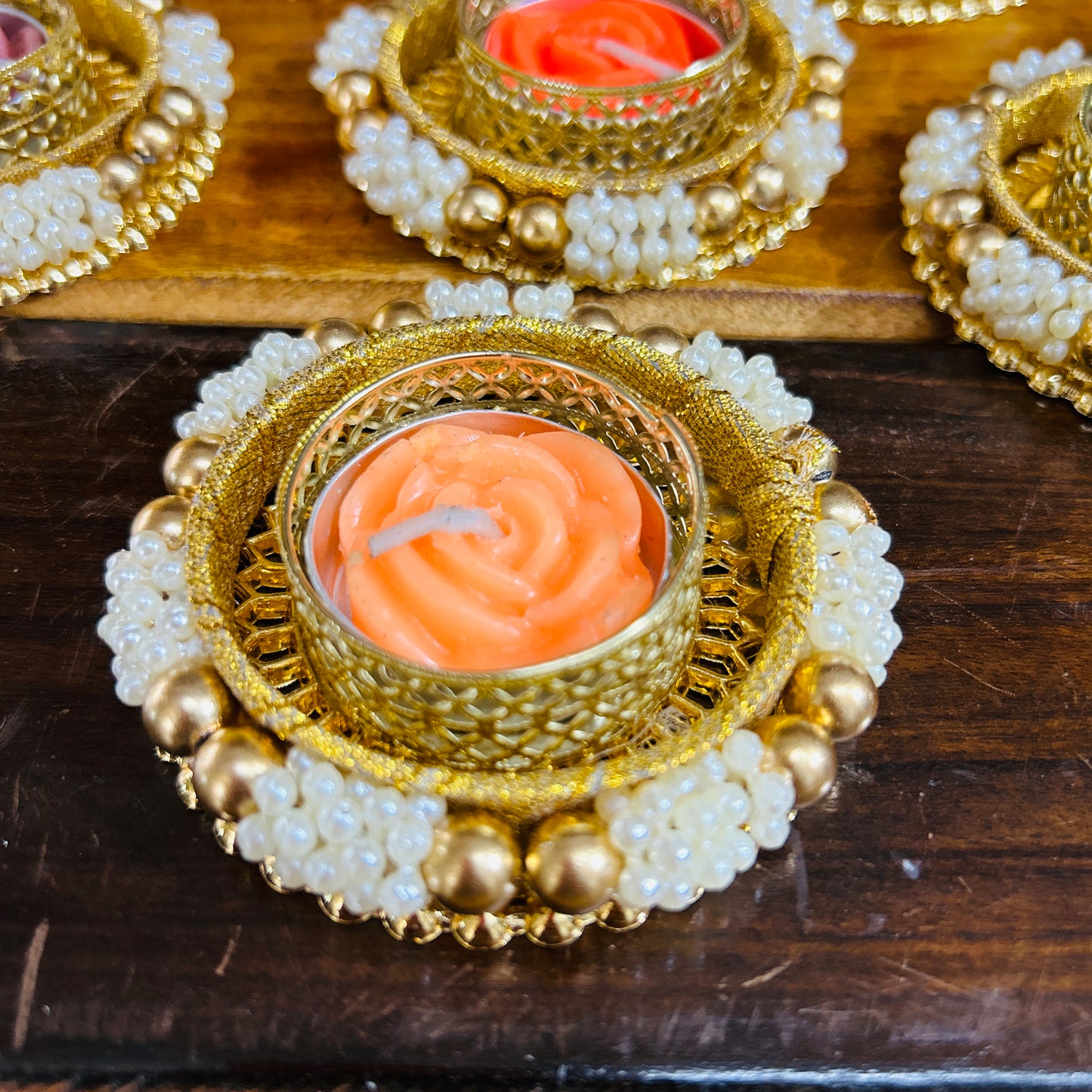 Pearl Tea Light Holder with Candle (Set of 6)