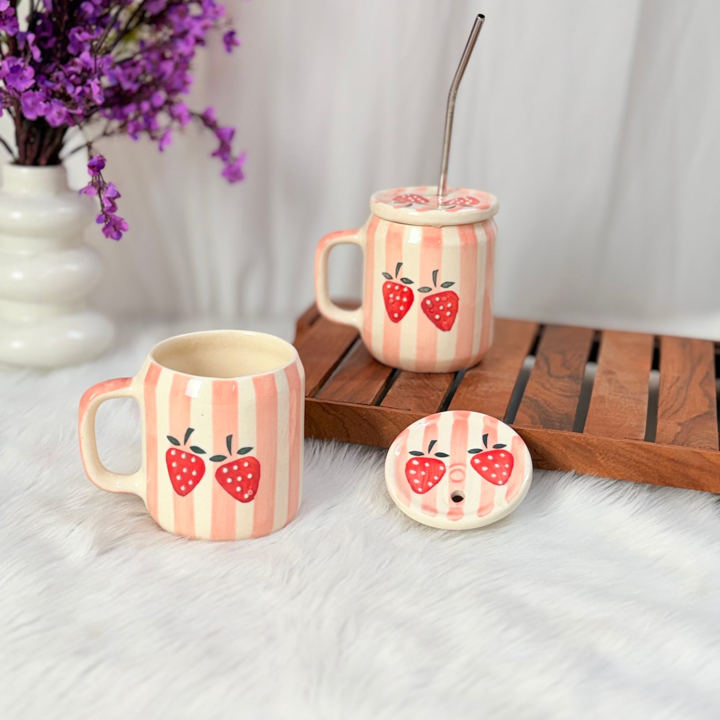 Strawberry Bliss Handcrafted Ceramic Sipper Mug with Lid & Straw