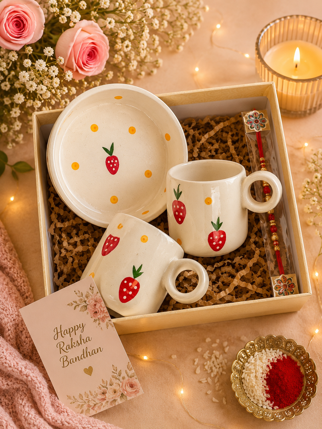 Strawberry Ceramic Rakhi Gift Hamper | 2 Coffee Mugs & Snack Bowl with Rakhi