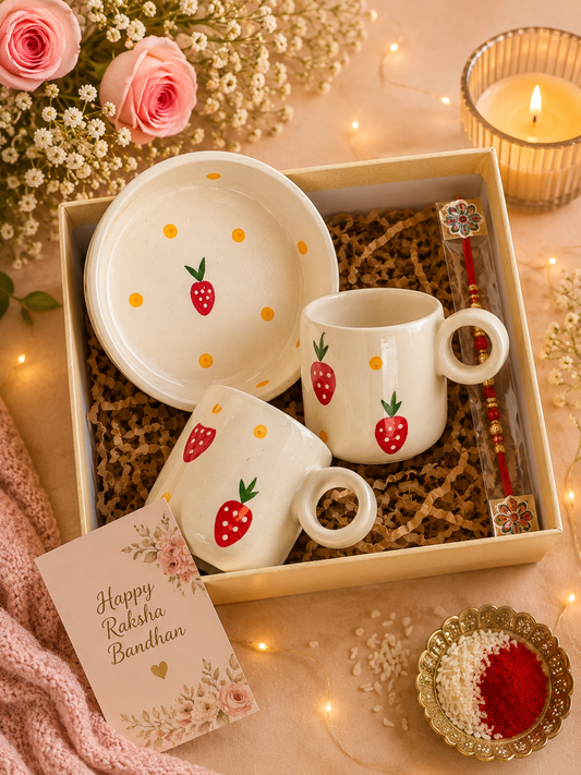 Strawberry Ceramic Rakhi Gift Hamper | 2 Coffee Mugs & Snack Bowl with Rakhi