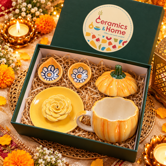 Sunshine Yellow Ceramic Mug & Diya Gift Set – 5 Pieces