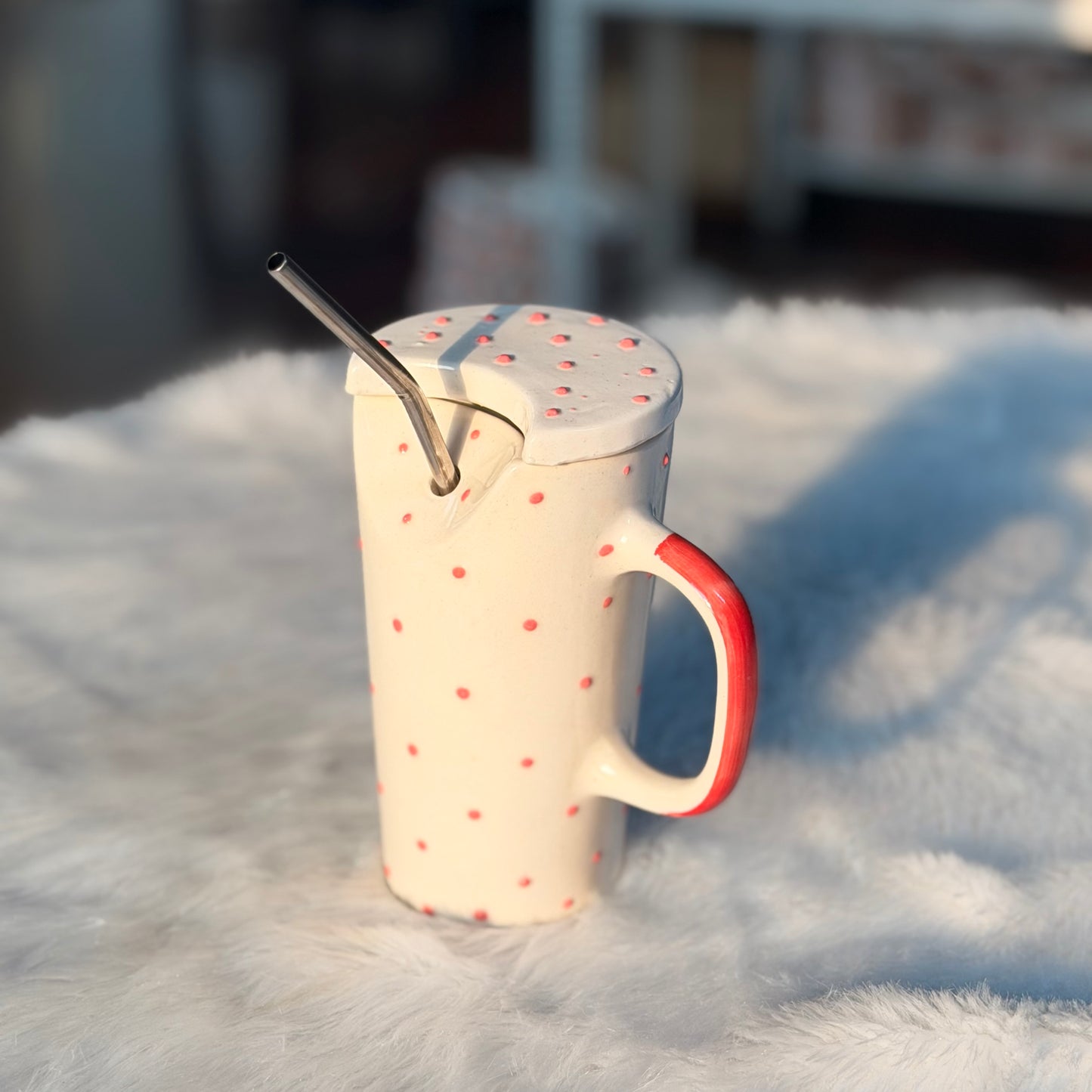 Pink Polka Dot Ceramic Sipper Mug with Lid & Steel Straw