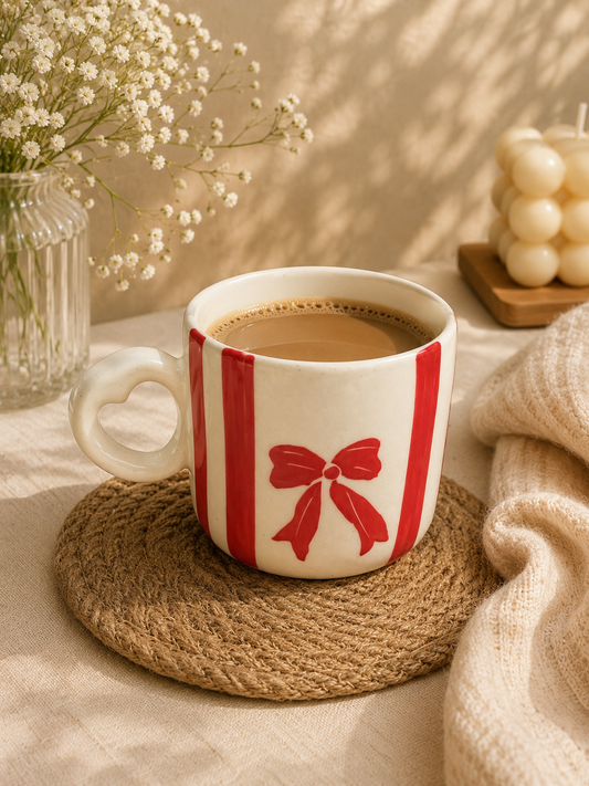 Red Bow Ceramic Mug – Handcrafted Gift Mug