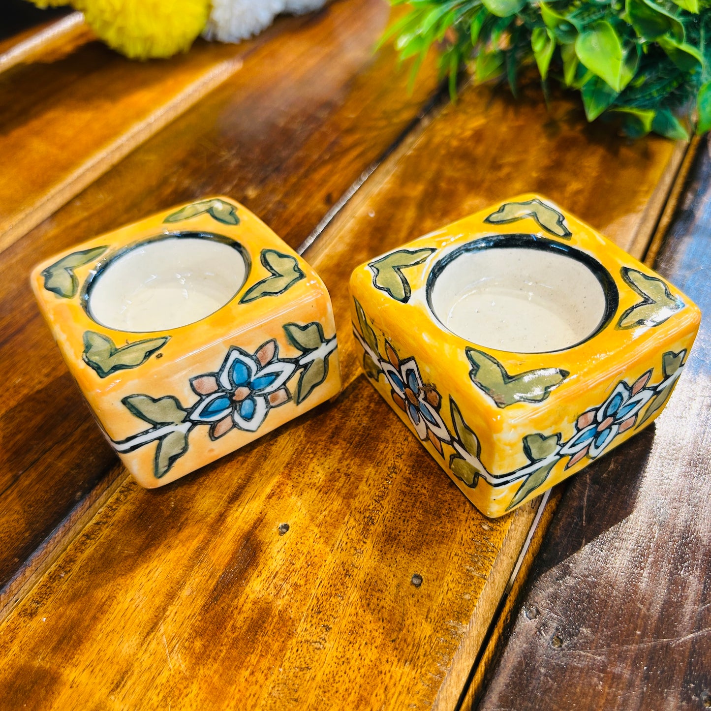 Yellow Square T-Light Holder ( set of 2 )