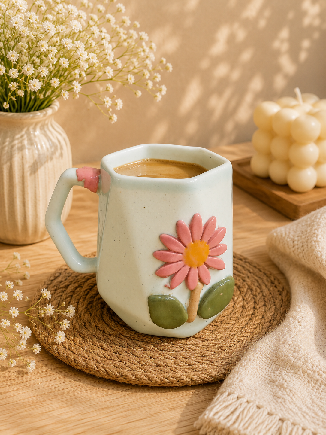 Handcrafted Daisy Flower Ceramic Mug