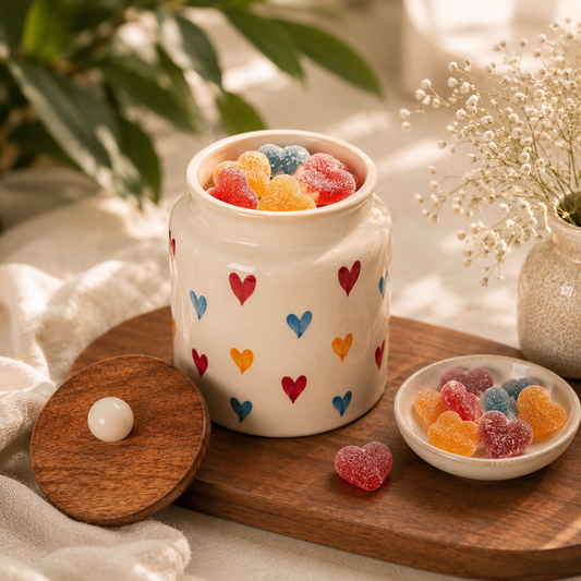 Colorful Hearts Ceramic Storage Jar with Wooden Lid