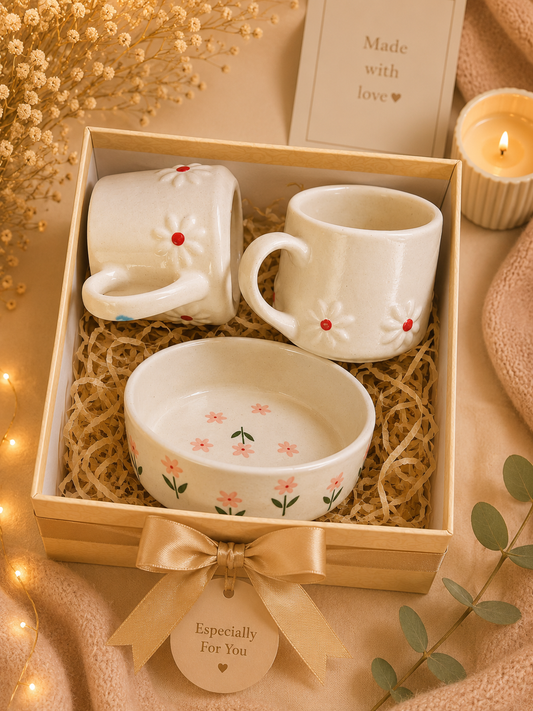 Blossom Bloom Handmade Ceramic Gift Hamper Set | 2 Coffee Mugs & Floral Snack Bowl