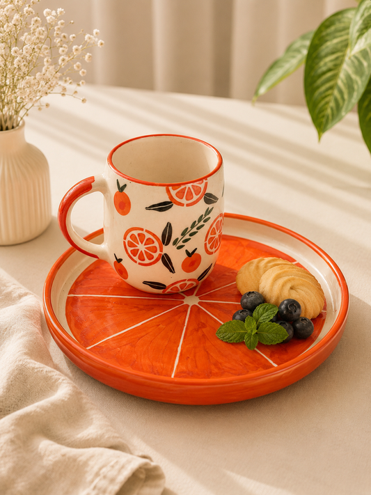 Citrus Bloom Ceramic Snack Plate & Coffee Mug Combo | Orange Collection