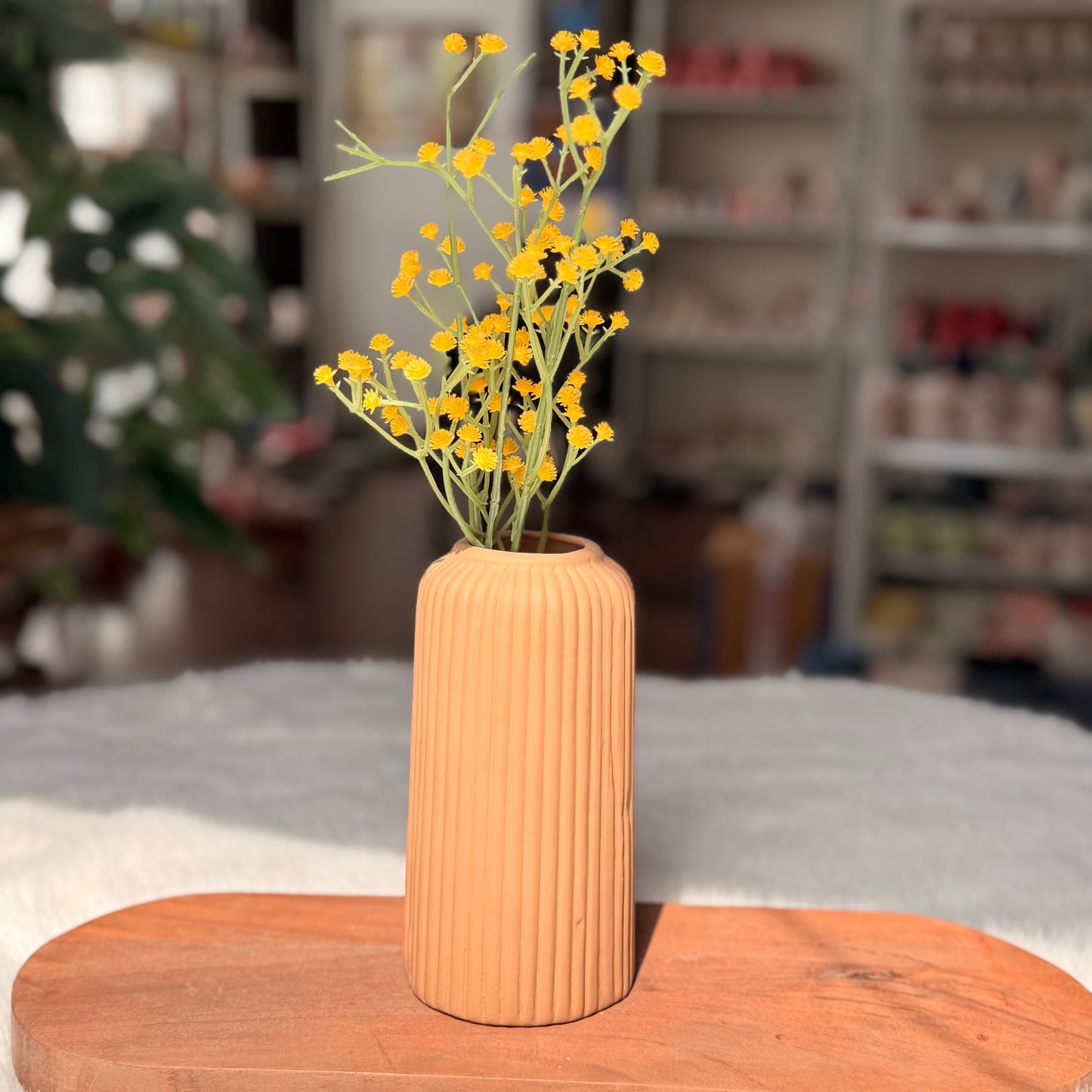 Rustic Ribbed Terracotta Ceramic Flower Vase
