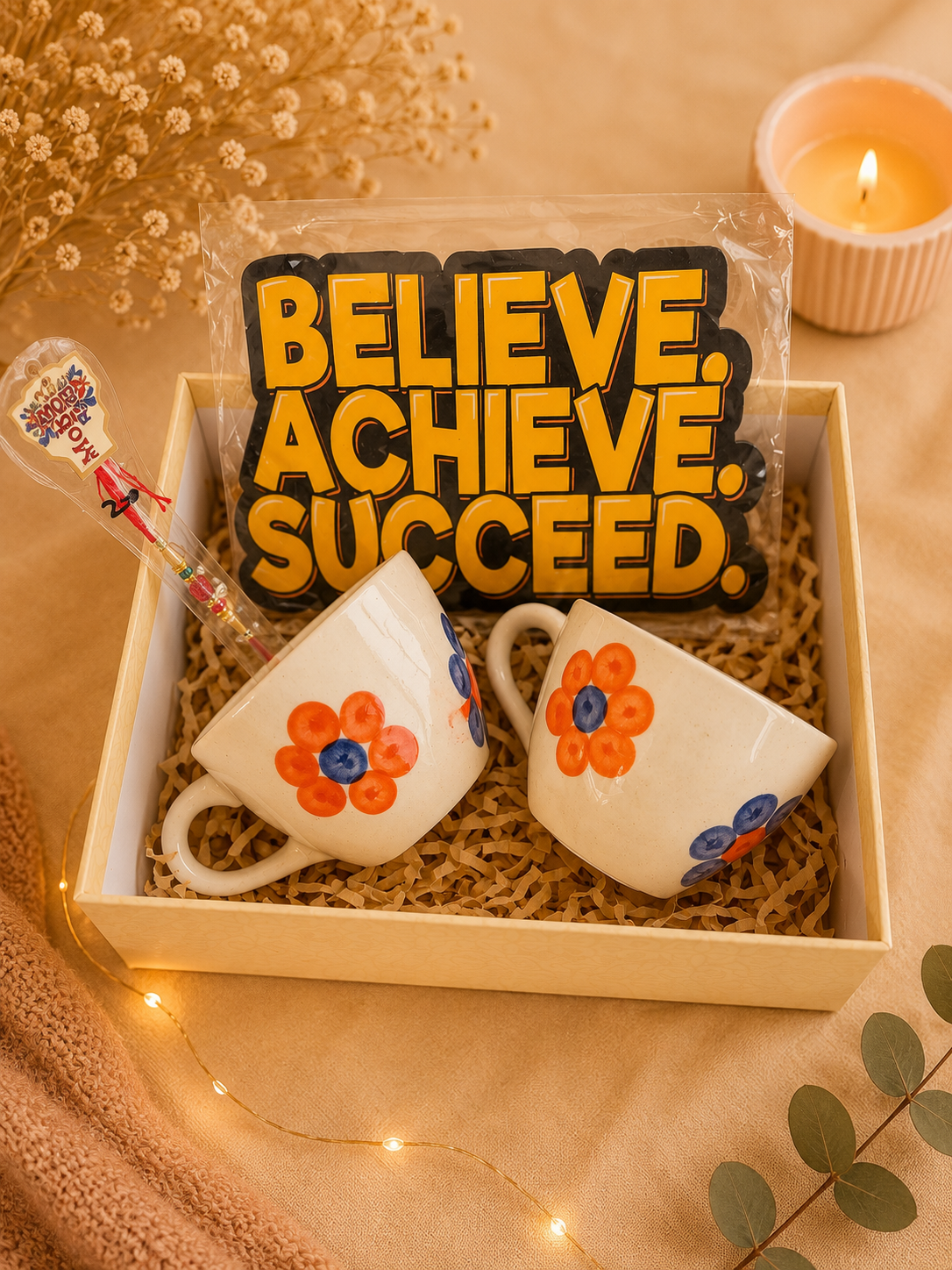 Floral Ceramic Mug Rakhi Gift Hamper with Motivational Wall Decor | Set of 2 Tea Cups & Designer Rakhi