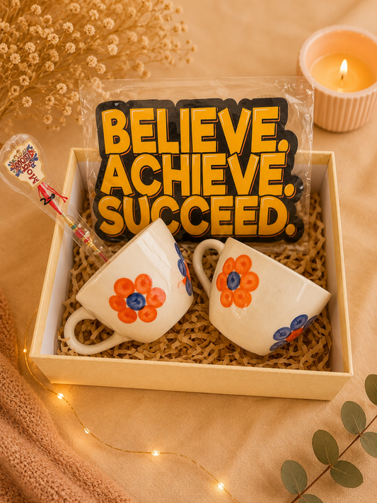 Floral Ceramic Mug Rakhi Gift Hamper with Motivational Wall Decor | Set of 2 Tea Cups & Designer Rakhi